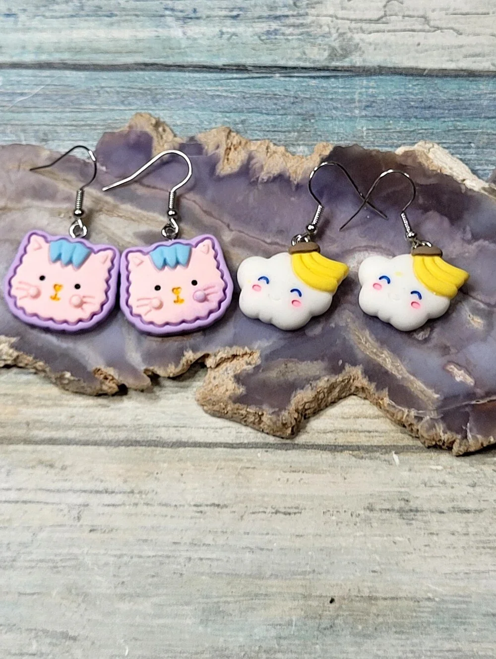 Cute Kids Purple Cat & White Cloud Earrings Set